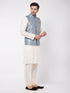 Vastramay Men's Viscose Cream Kurta And Pyjama With Grey Woven Nehru Jacket